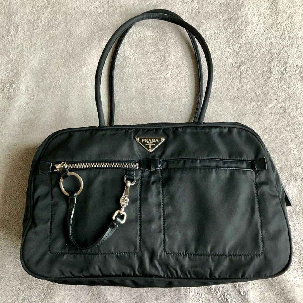 Vintage Prada Tessuto Black Nylon Front Zipper Pocket Mini Boston Bag